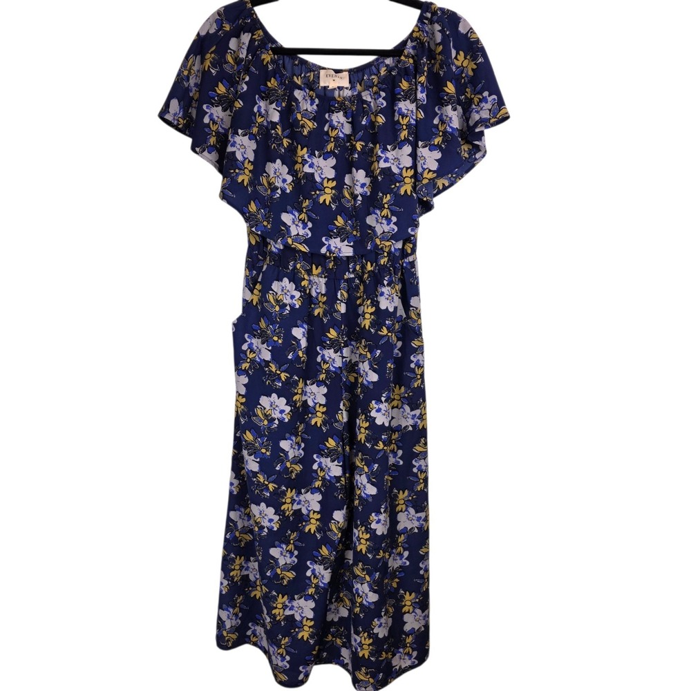 Everly Ruffled Off Shoulder Jumpsuit M Wide Leg Blue Floral Romantic Resortwear